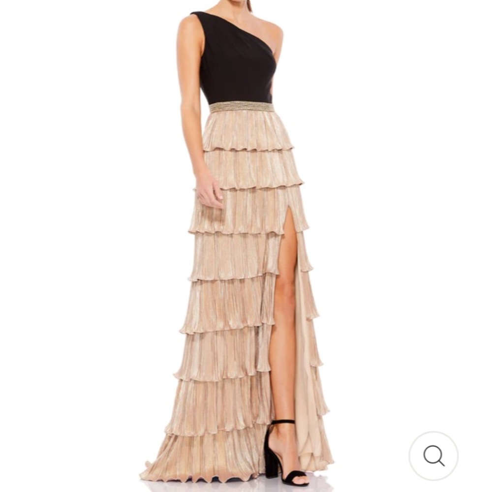 Ieena Mac Duggal one shoulder tiered gown